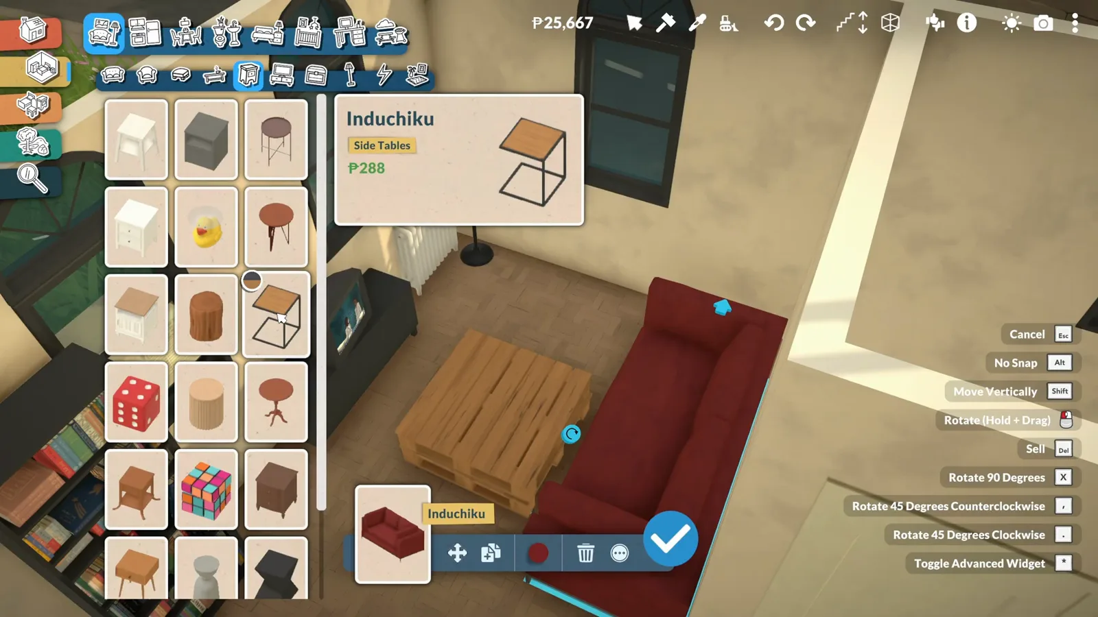 A round wooden side table placed beside a red sofa to break up the rectangular furniture silhouettes in a Paralives living room
