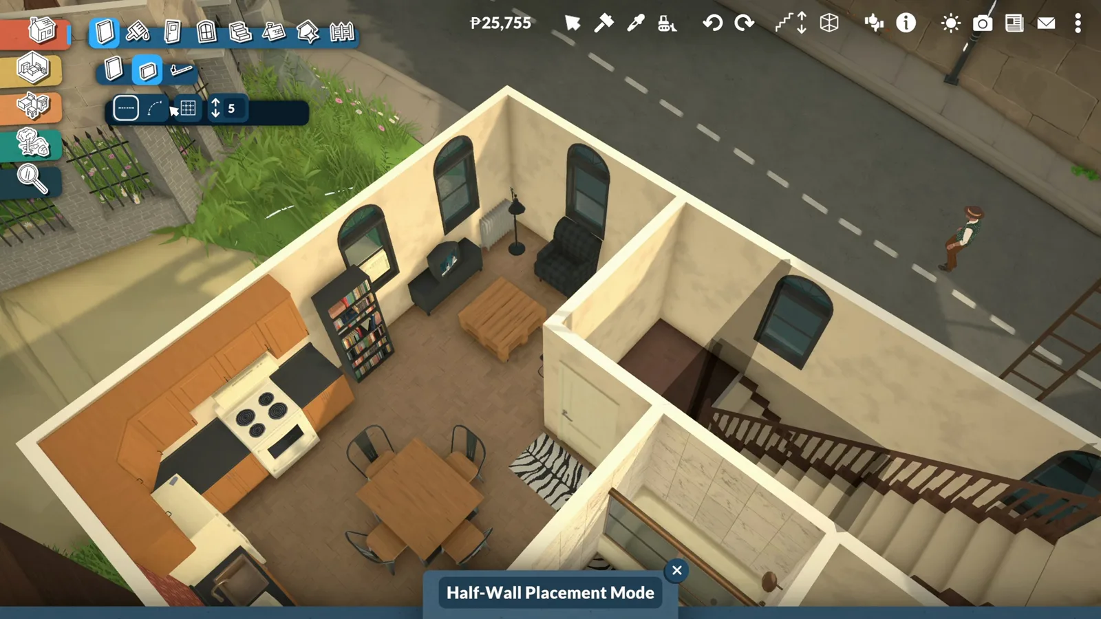 Paralives half wall placement mode active over an open apartment floor plan showing the wall and separator toolset