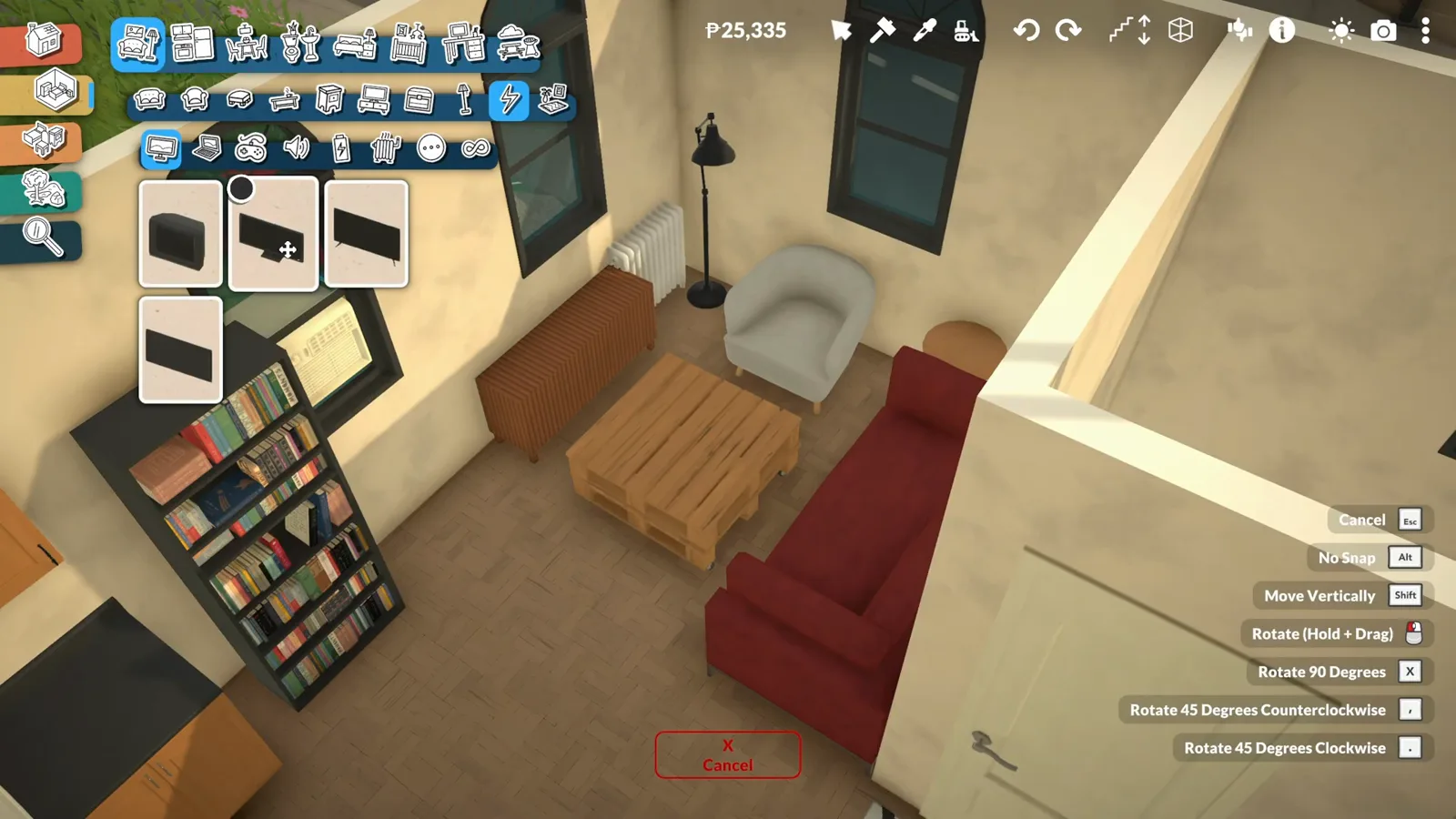 A flat TV mounted at eye height on a dark Paralives living room wall above a low media console