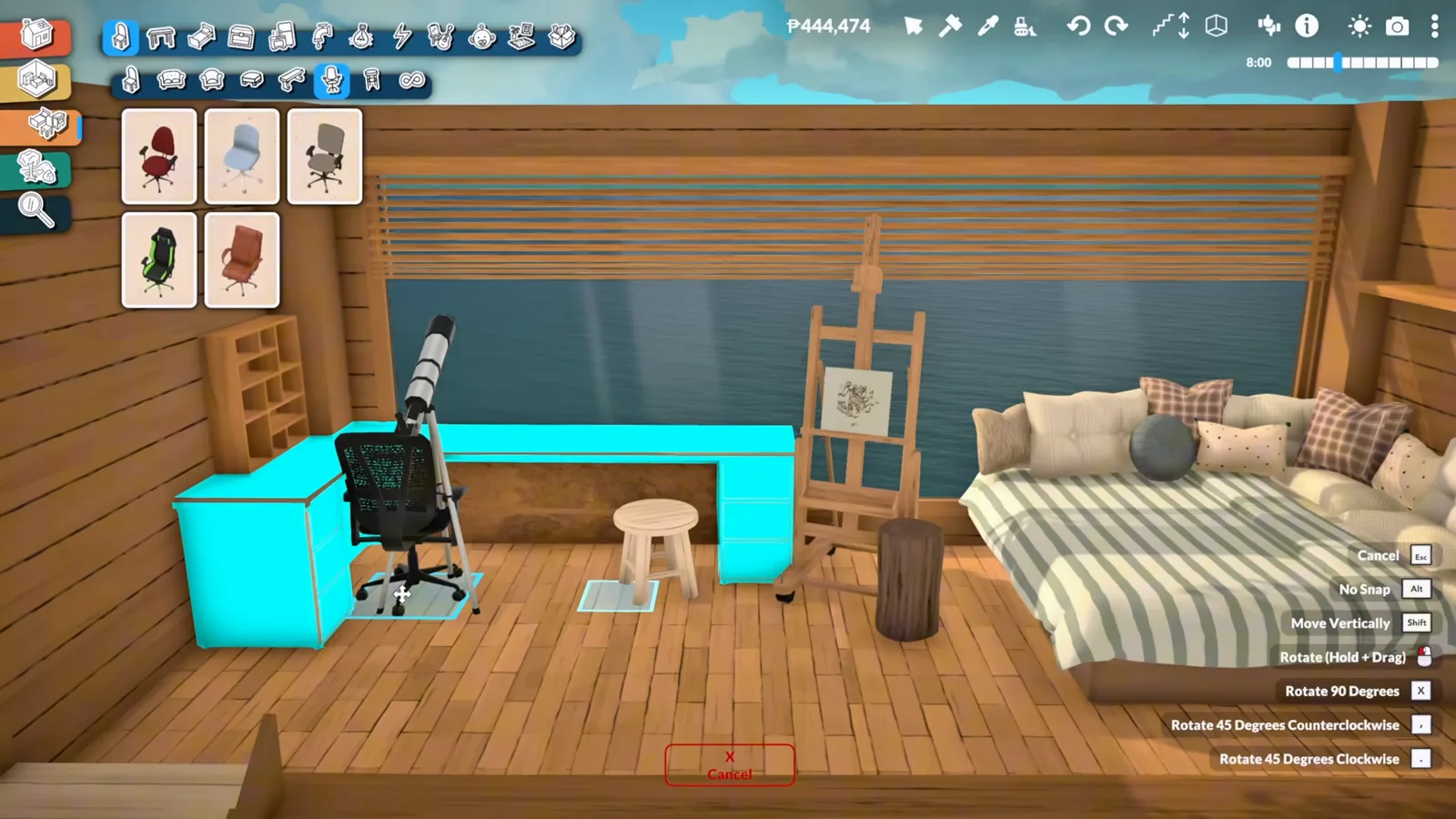 A Paralives artist studio on a loft platform with a desk, office chair and an easel beside a striped daybed.