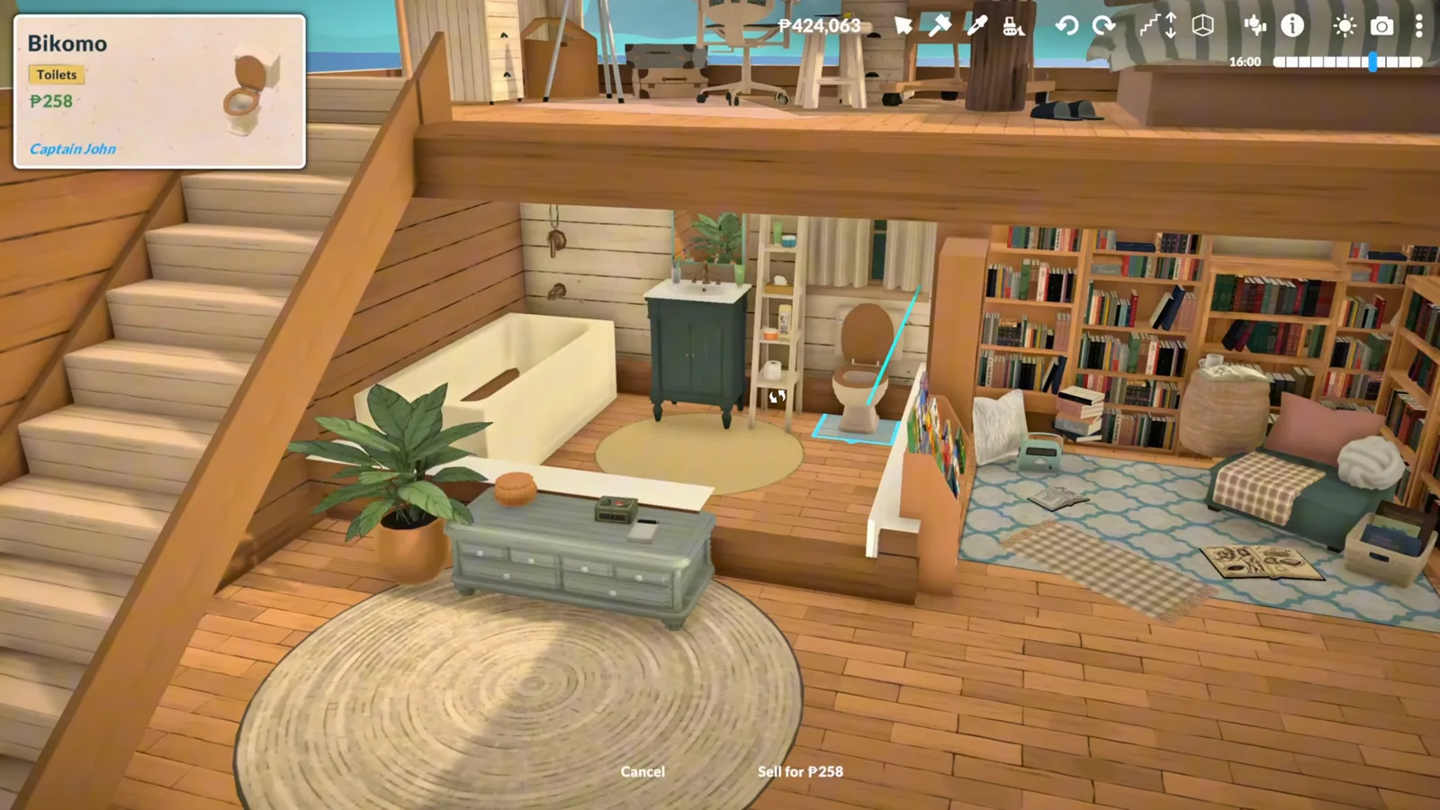 A small Paralives bathroom with a bathtub under a wooden loft platform, next to a bookshelf wall.
