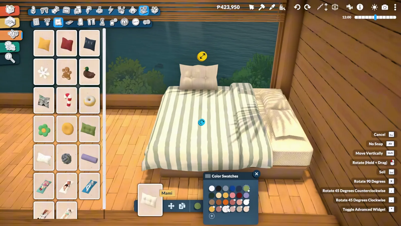 A striped daybed with pillows in a Paralives loft bedroom, with the color swatches panel open over the ocean-view window.