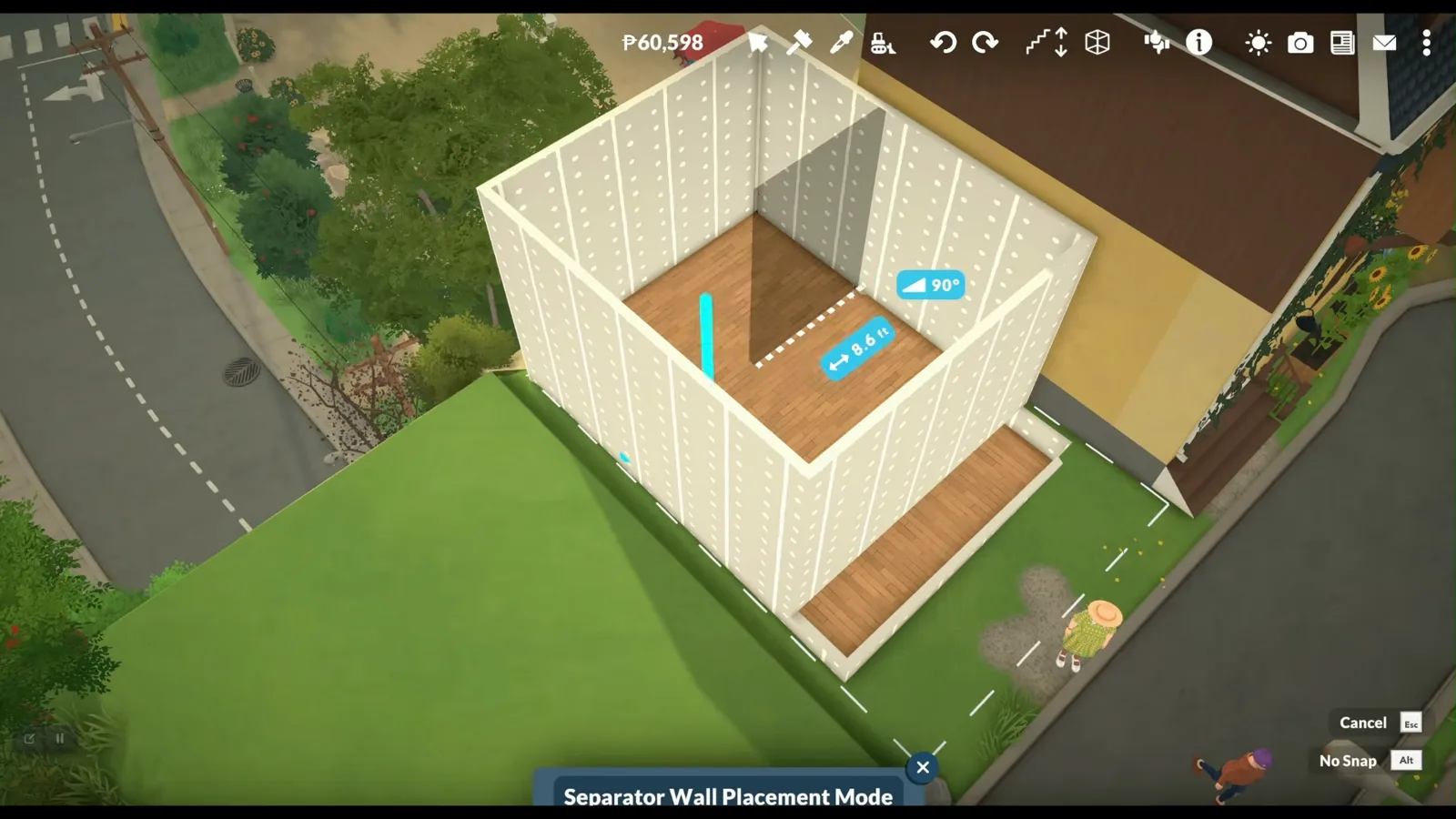 A white Paralives shell with the wall separator placement tooltip active over its wooden top floor.