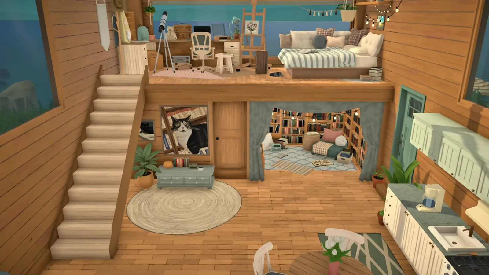 Cutaway of a finished Paralives loft house showing the mezzanine bedroom and studio above a reading nook and kitchen.