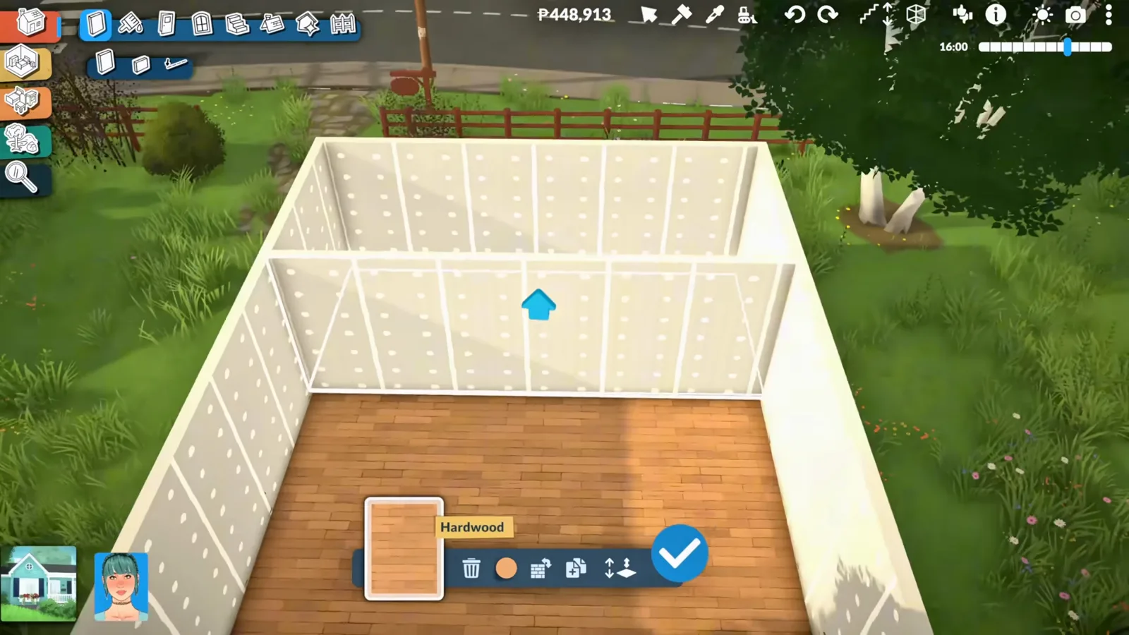 Paralives build mode shows new translucent walls rising from a hardwood floor on an empty beachfront lot.