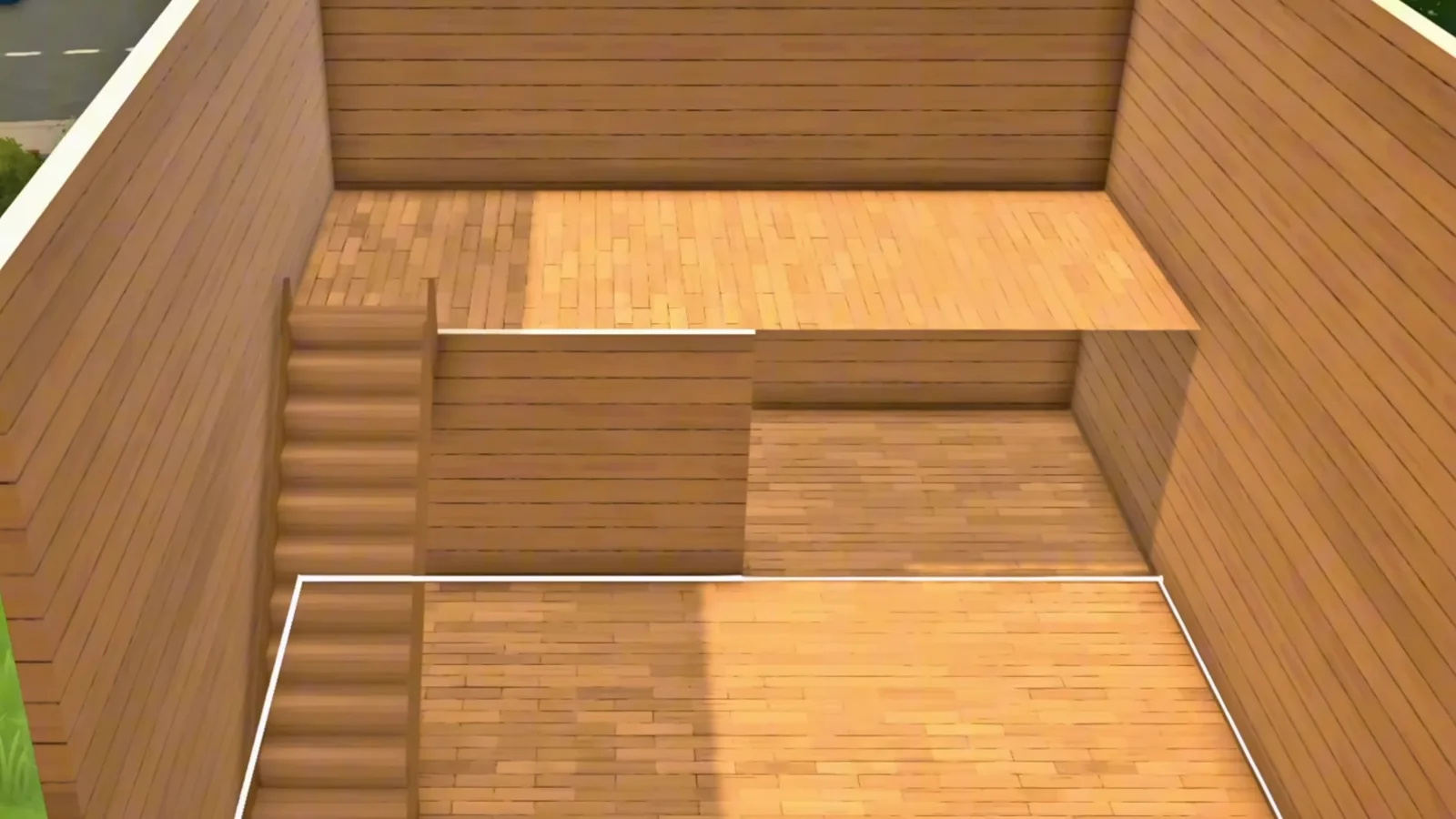 A Paralives room with a raised wooden floor section beside a staircase, marking where the mezzanine platform will sit.