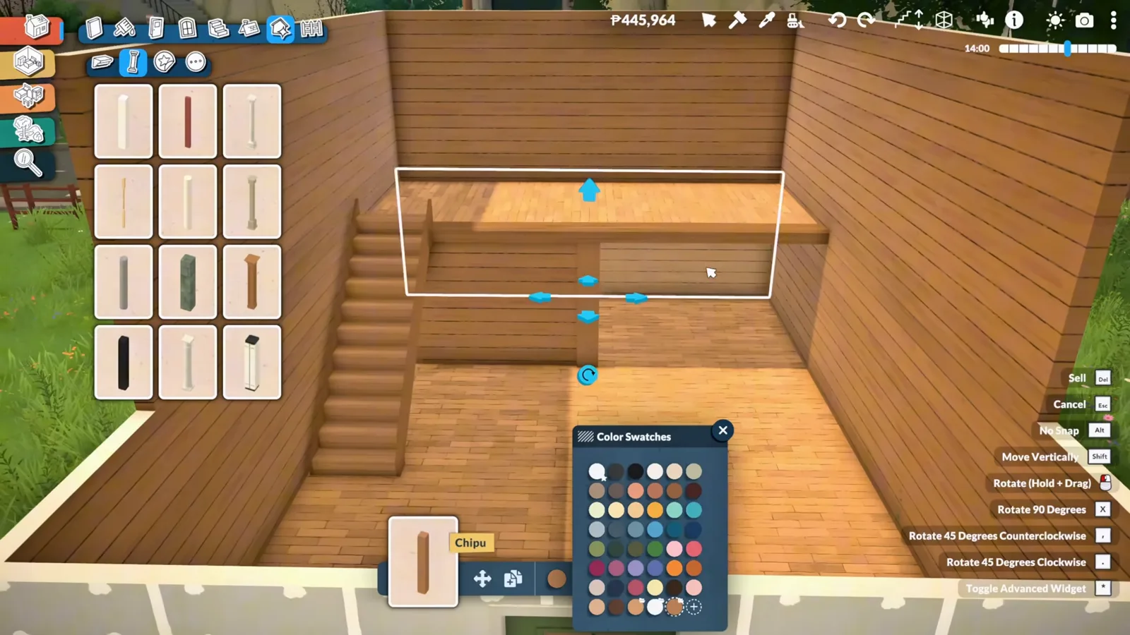 A Paralives mezzanine platform edge selected in build mode with the color swatches panel open beside it.