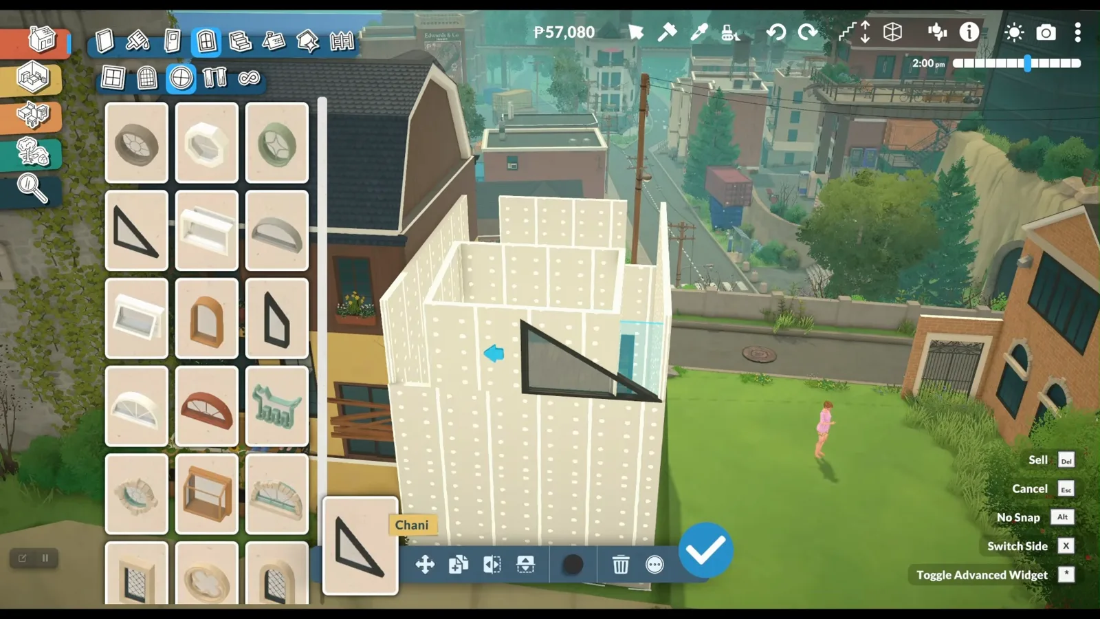 A triangular window piece placed on the roof of a Paralives loft shell as a slope guide, with the roof catalogue open.