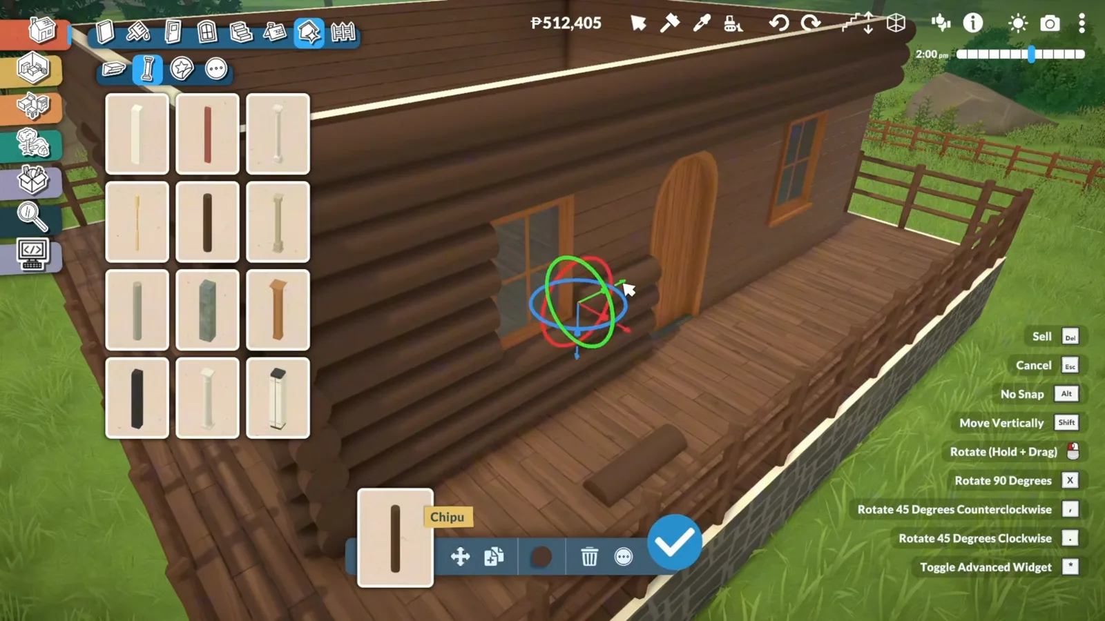 An arched wooden door set into a Paralives stacked-log wall with the advanced widget rotation rings active on the wall beside it.