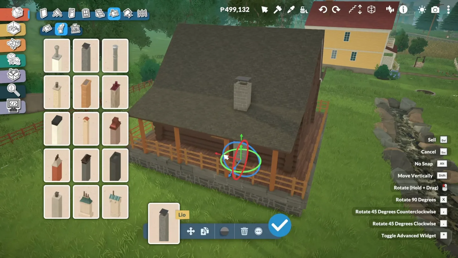 A grey stone chimney rising through the dark roof of a Paralives log cabin with the fireplace chimney catalogue open and the rotation gizmo active.