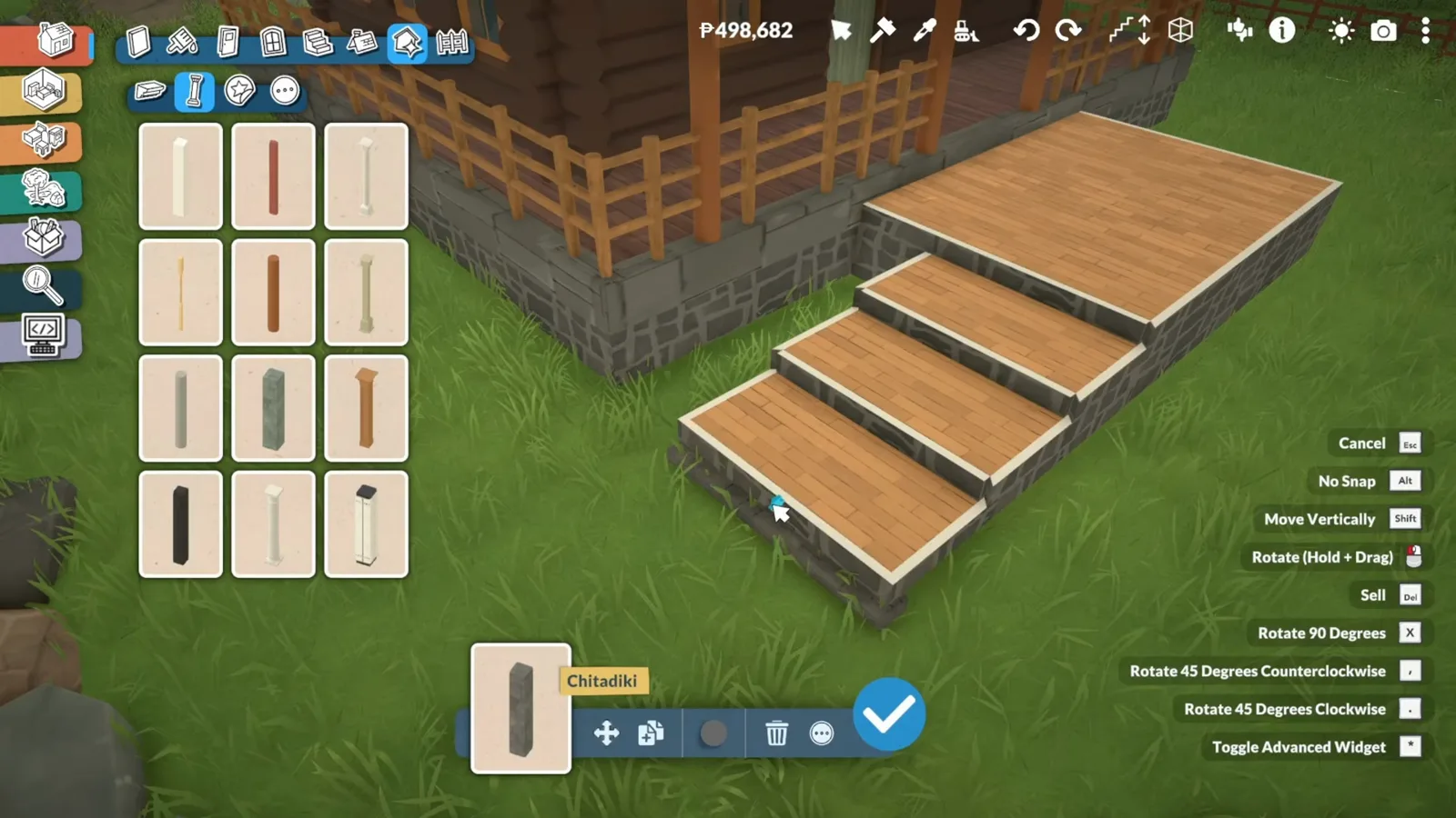Wooden platform steps descending from a Paralives log cabin deck with the No Snap and Move Vertically shortcut menu visible on the right.