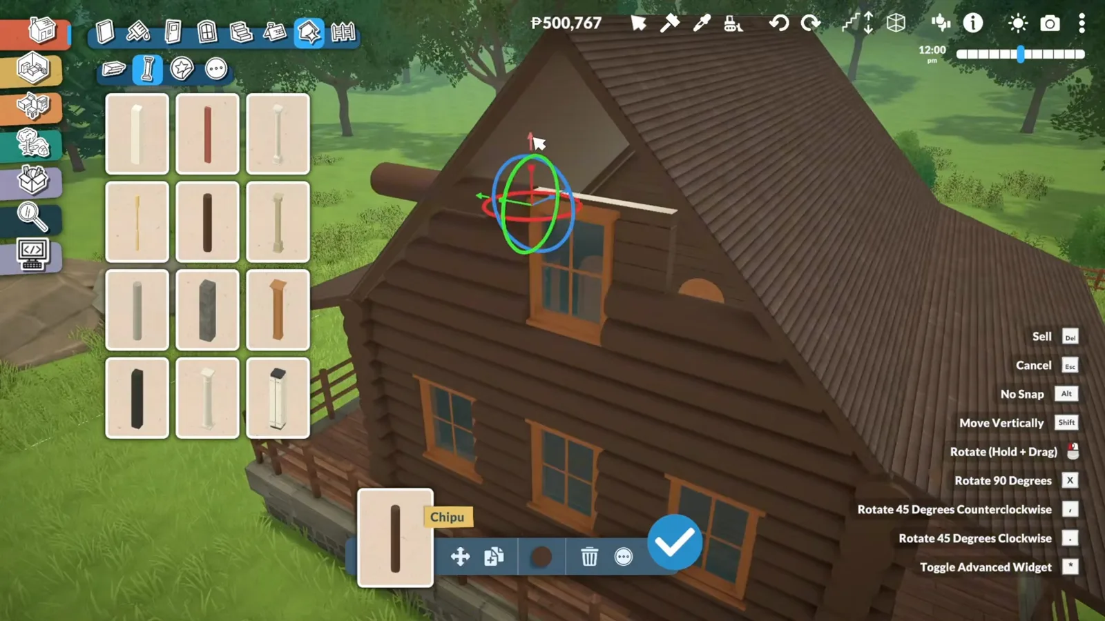A dark gable roof over Paralives log walls with a horizontal pillar being placed along the ridge using the advanced widget gizmo.