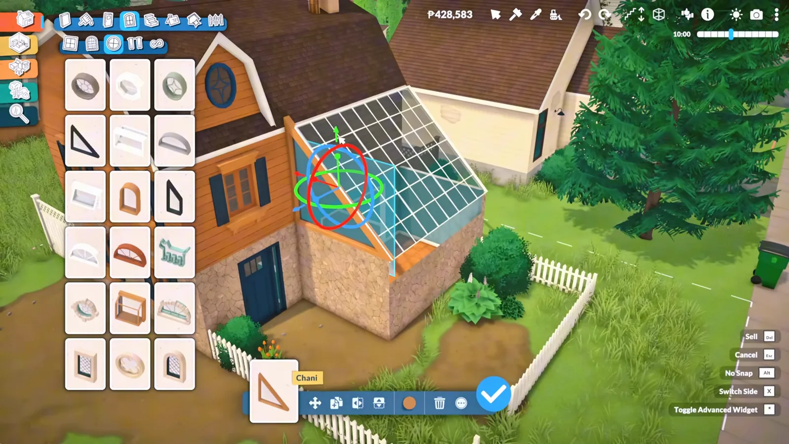 A Paralives glass sunroom roof built from tilted window pieces with the advanced rotation gizmo active above an existing cottage.
