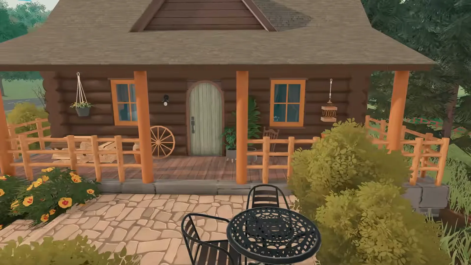 A finished Paralives log cabin with a stacked-pillar porch, an arched green door, wood windows and a stone patio opening onto a forest path.