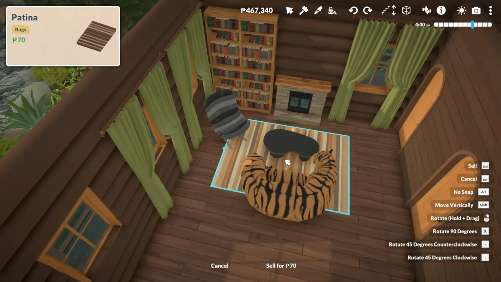 A Paralives log cabin living room with a tiger-print couch on a striped rug beside a stone fireplace and a full bookshelf wall.