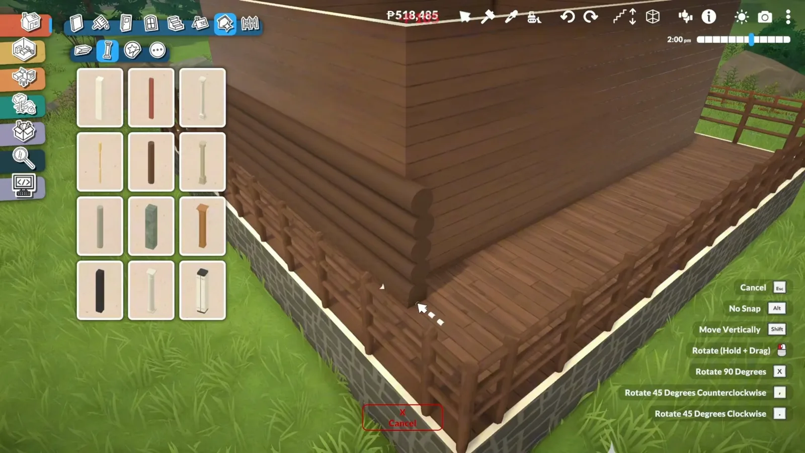 A Paralives corner built from horizontal pillars stacked like log courses, with the pillar catalogue open and the round log ends visible.