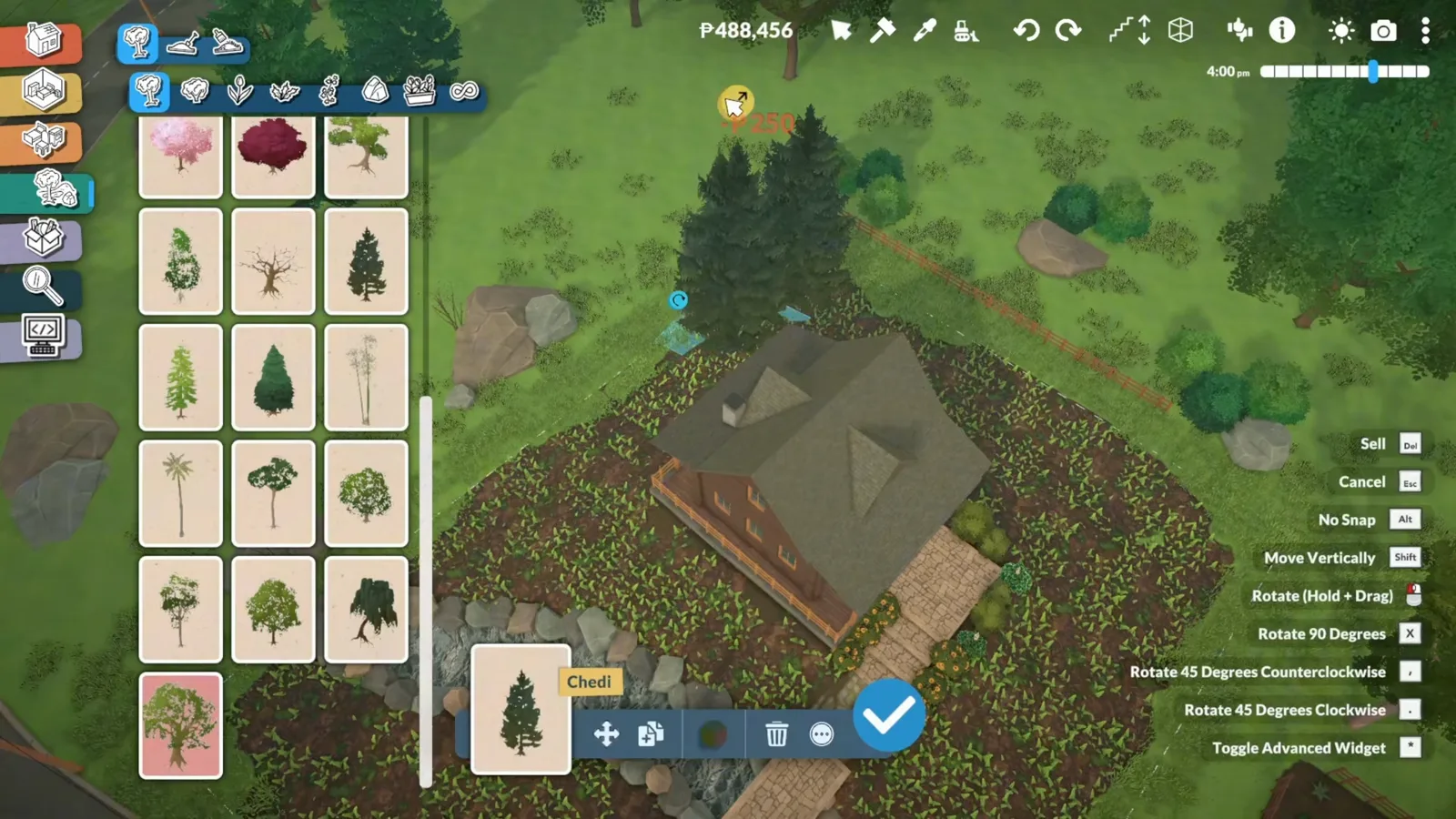 A Paralives tree catalogue open beside young pine trees planted around a log cabin on dark painted forest ground.