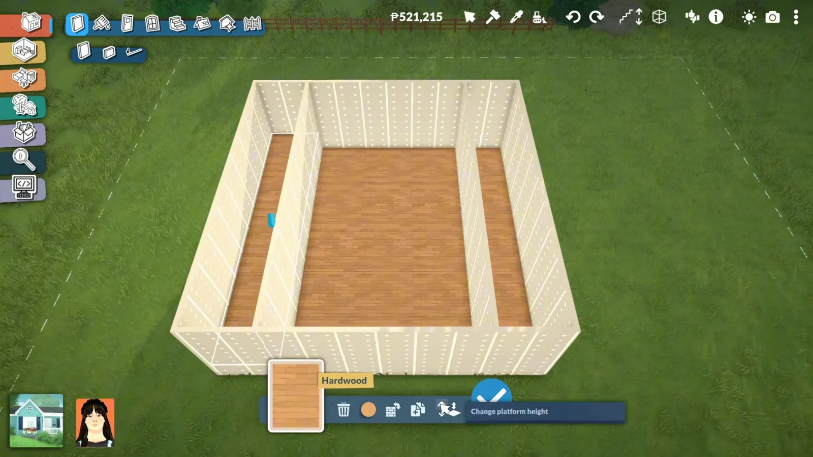 Paralives build mode showing a raised hardwood platform footprint with placeholder walls and the Change platform height tooltip.