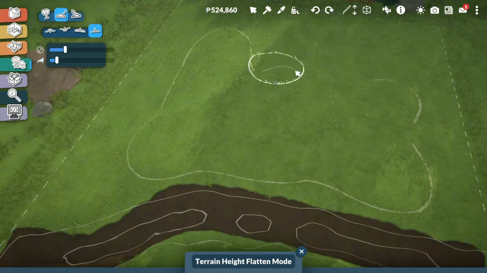 Paralives Terrain Height Flatten Mode carving a winding dark riverbed across a grassy lot with the terrain brush panel open.