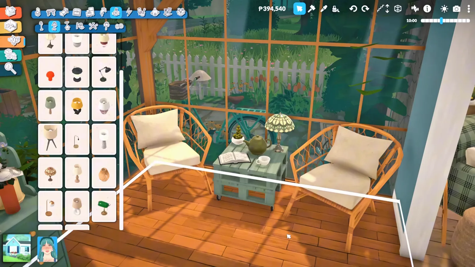 A finished Paralives sunroom with two wicker chairs and a lamp on a wood floor beside floor-to-ceiling greenhouse windows.