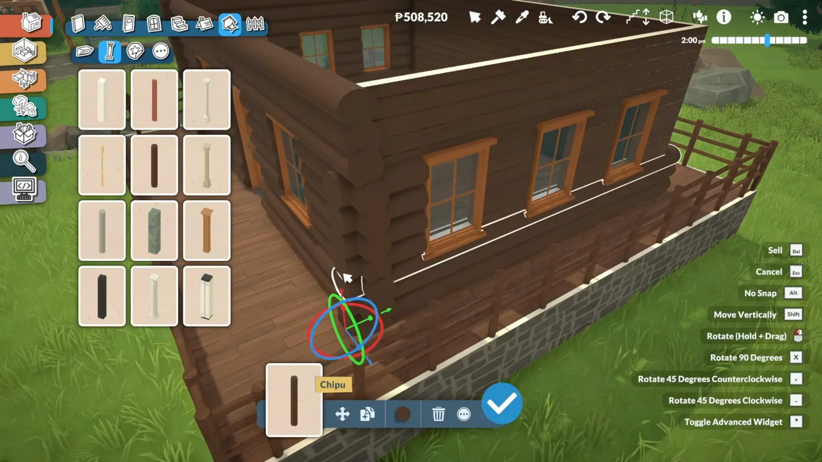 Three wood-framed windows fitted along a Paralives log wall with the advanced widget gizmo and the No Snap and Move Vertically menu open.