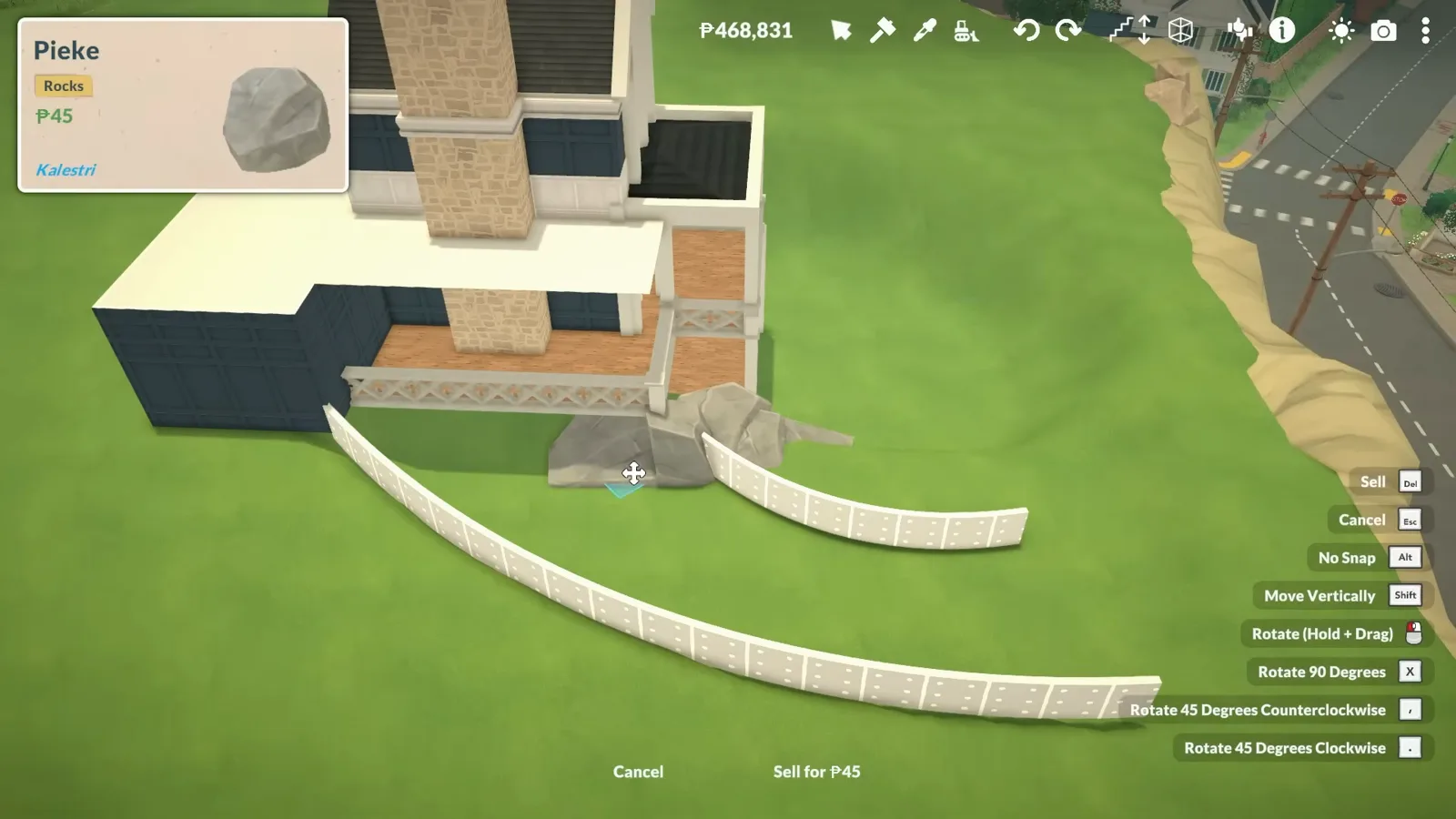 Curved low wall arcing around the terrace of a Paralives mansion beside its dark pool-house wing