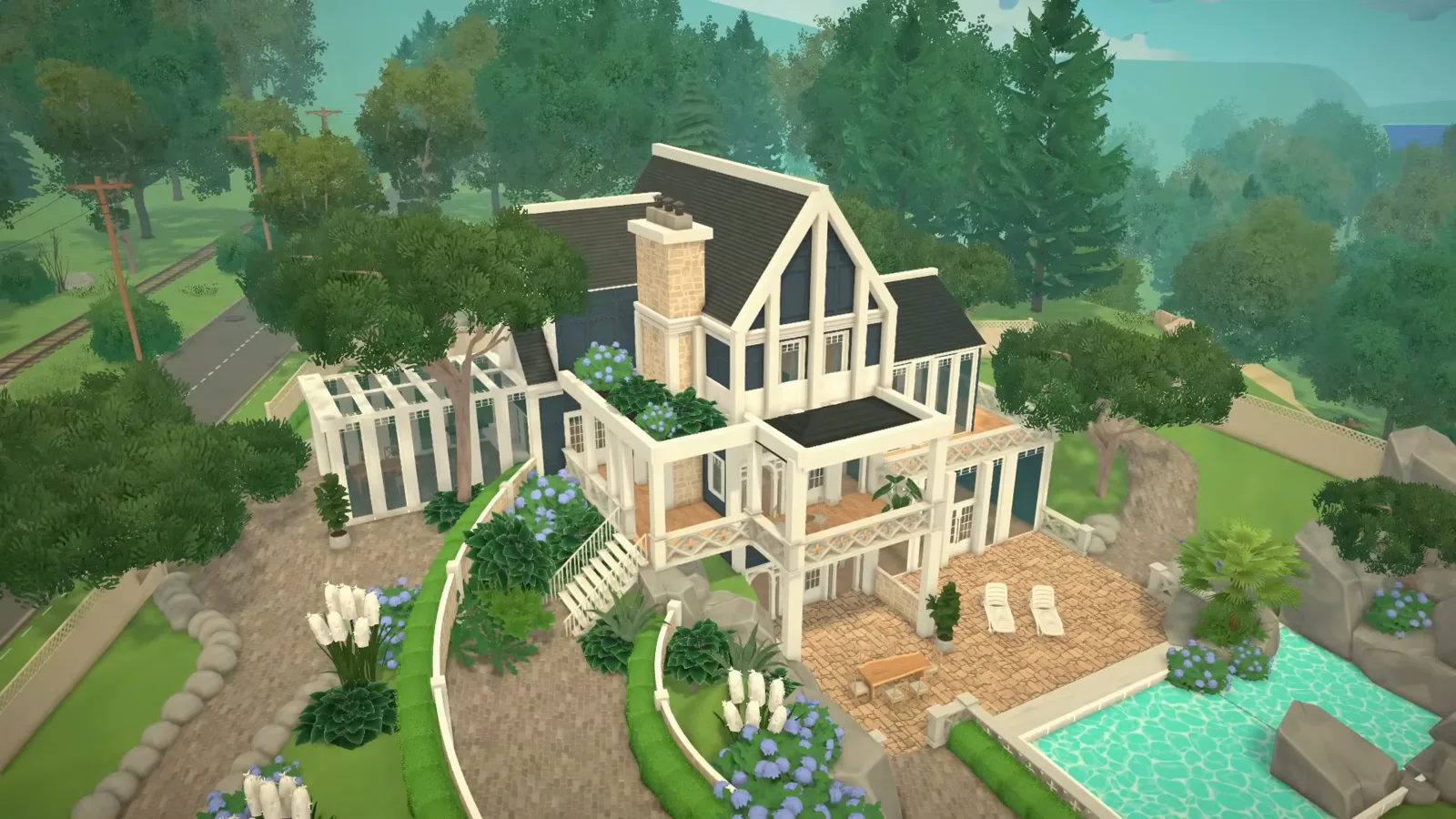 Finished Paralives mansion with white walls, black steep roofs, a pergola terrace and a turquoise fake pool in the terraced garden