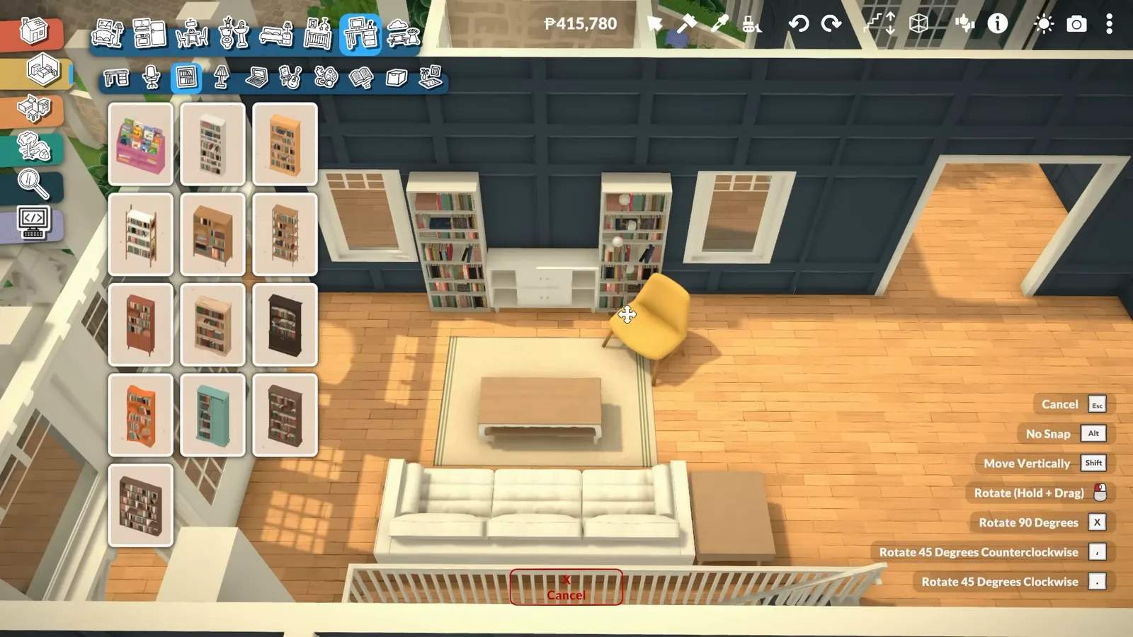 Shelf catalogue open beside a long run of built-in bookshelves lining a Paralives mansion living room
