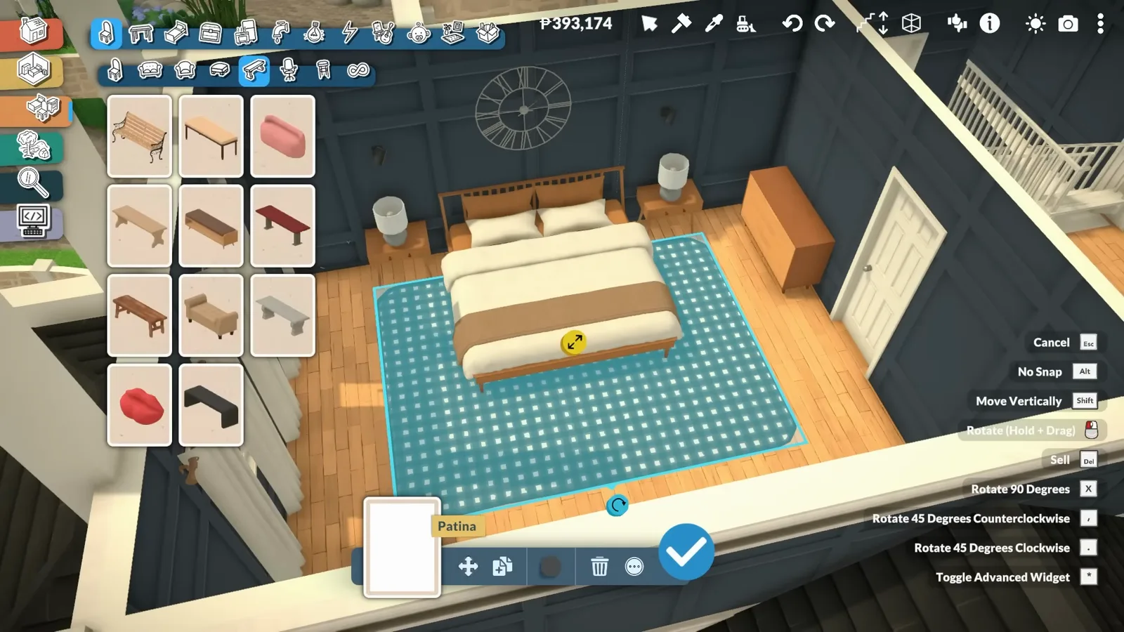 Paralives mansion master bedroom with navy walls, a low bed on a dotted blue rug and an oversized wall clock