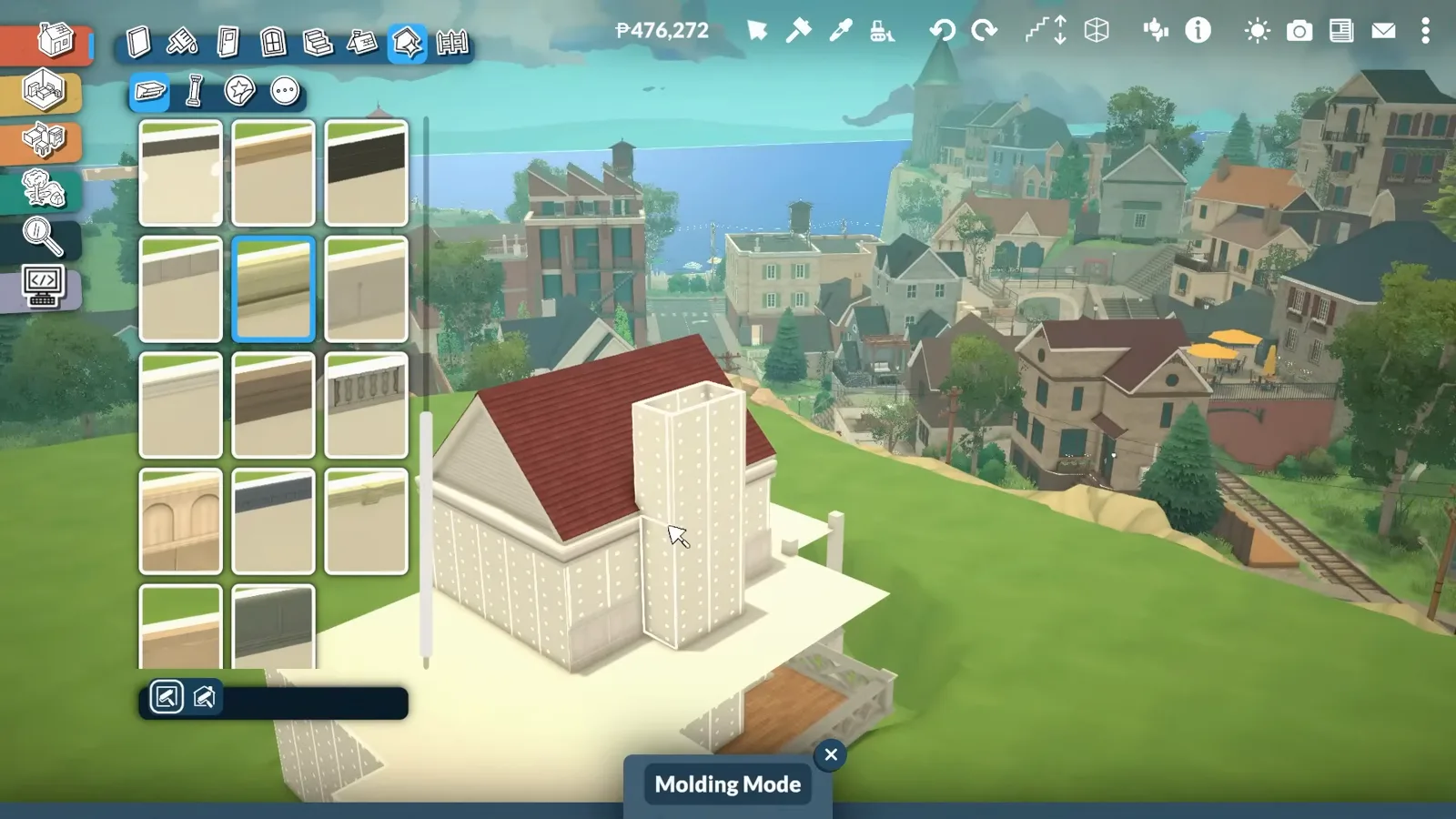 Molding Mode catalogue open on a Paralives mansion exterior with trim pieces against a coastal town backdrop