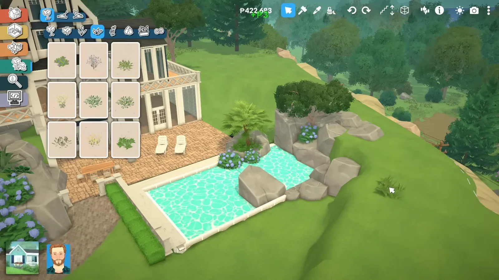 Boulders and hydrangeas edging the fake pool of a Paralives mansion to hide the water texture seam