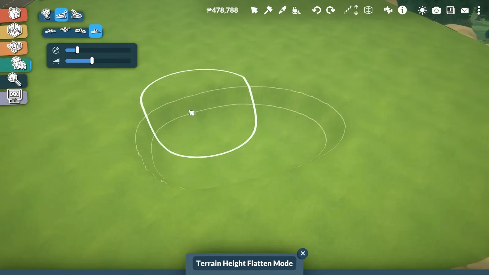 Terrain Height Flatten Mode dragging a depression into the lawn of an empty Paralives lot for a walkout basement