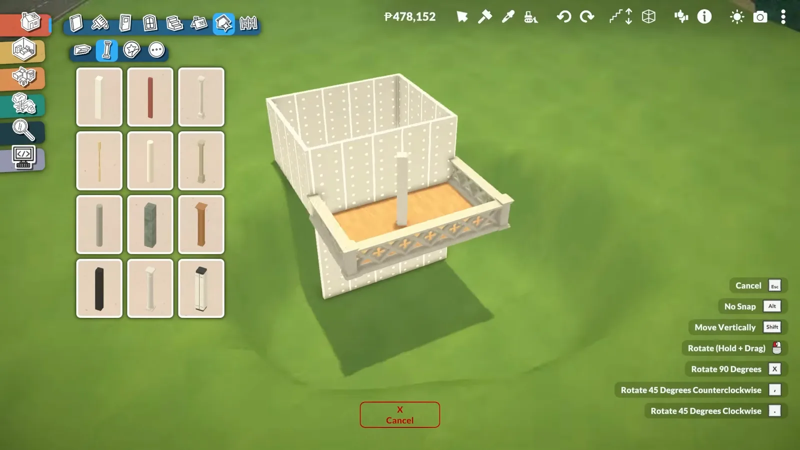 Two-storey Paralives mansion shell rising over the lowered walkout level with the wall catalogue open