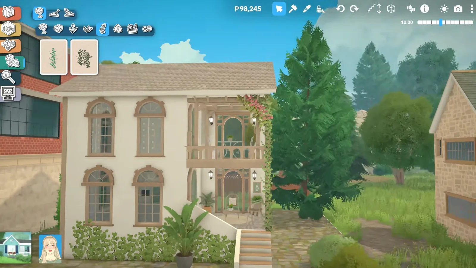 Paralives Mediterranean house facade in daylight with a wooden balcony railing, climbing vines and a ground-floor patio below. Paralives Mediterranean house facade in daylight with a wooden balcony railing, climbing vines and a ground-floor patio below.