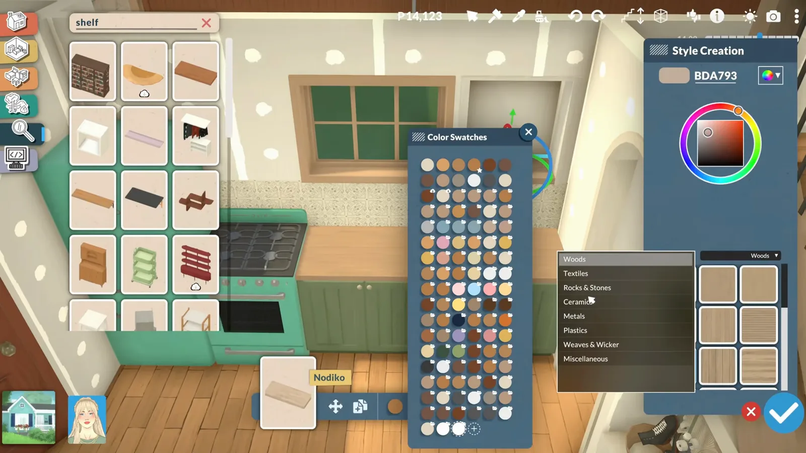 Paralives catalogue searched for shelf, with the Style Creation colour wheel and Colour Swatches grid open to tint kitchen shelving wood. Paralives catalogue searched for shelf, with the Style Creation colour wheel and Colour Swatches grid open to tint kitchen shelving wood.