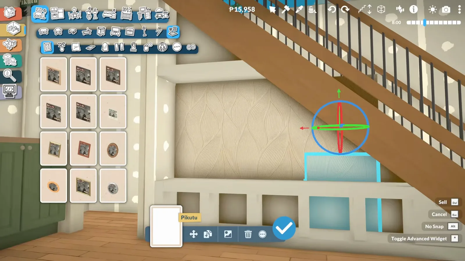 Paralives mudroom under a staircase with cubby storage selected, a patterned wallpaper panel behind and the picture frame catalogue open. Paralives mudroom under a staircase with cubby storage selected, a patterned wallpaper panel behind and the picture frame catalogue open.