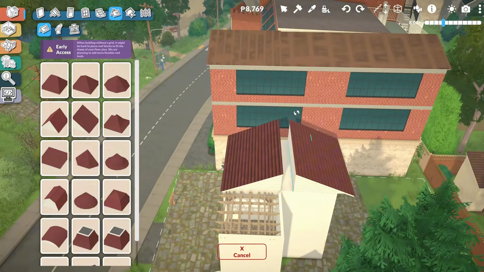 Paralives roof menu with preset roof shapes shown as dark red previews while a roof is placed on the Mediterranean house below. Paralives roof menu with preset roof shapes shown as dark red previews while a roof is placed on the Mediterranean house below.