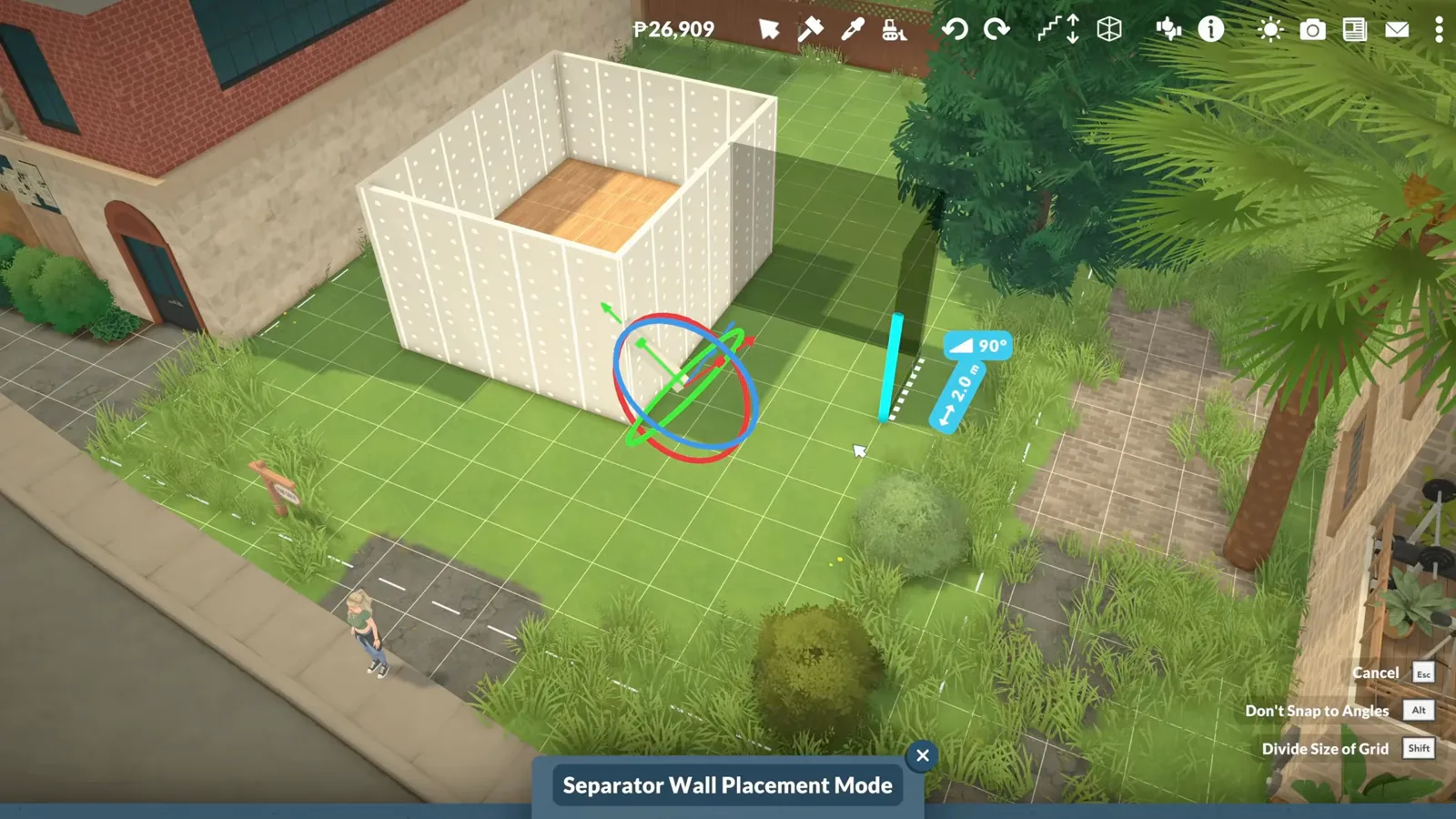 Paralives Separator Wall Placement Mode drawing the first room of the house with the free-rotation gizmo and a 90-degree angle badge on the lawn. Paralives Separator Wall Placement Mode drawing the first room of the house with the free-rotation gizmo and a 90-degree angle badge on the lawn.
