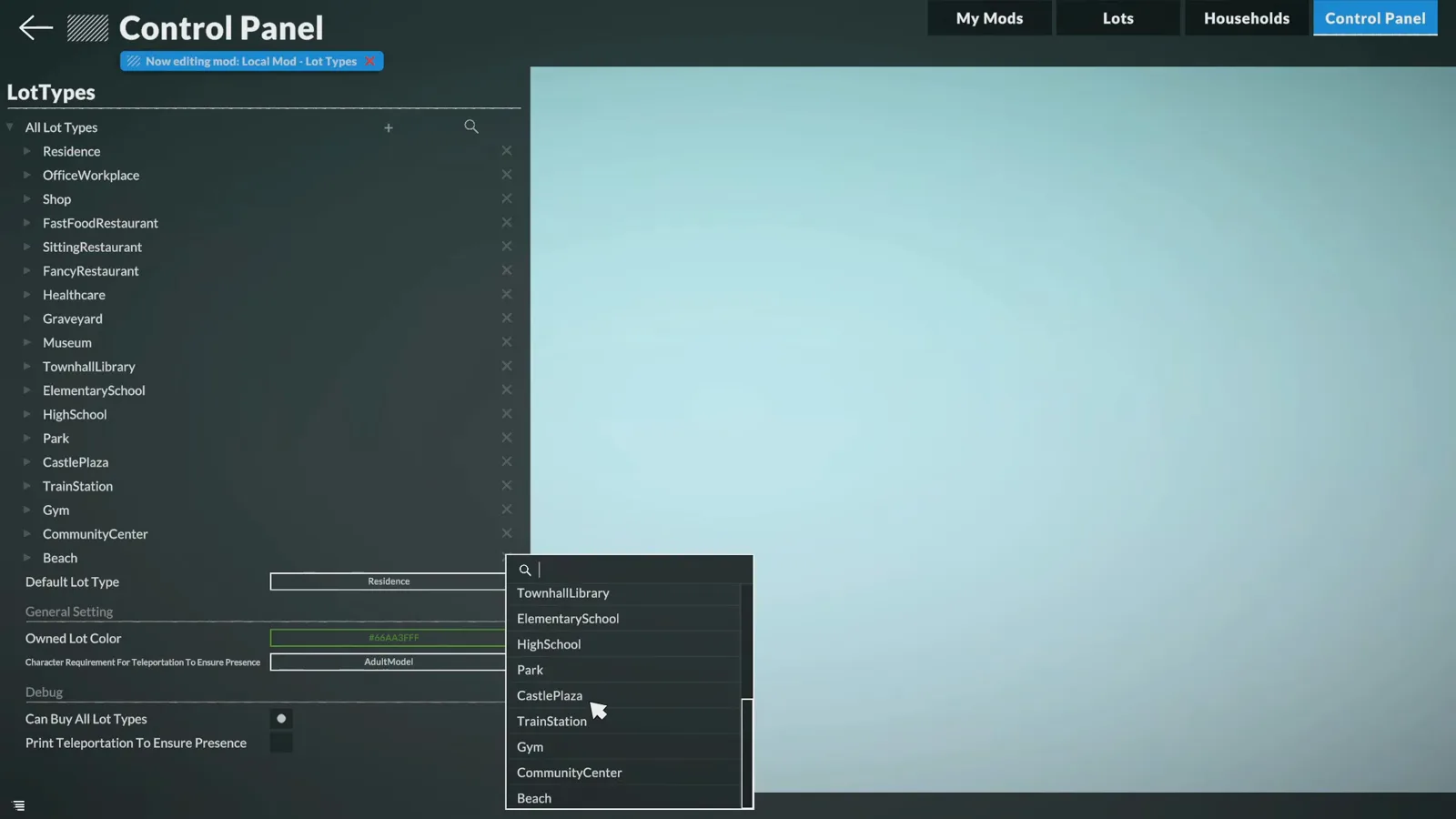 Paralives Control Panel Lot Types screen with the default lot type dropdown open while editing a local mod