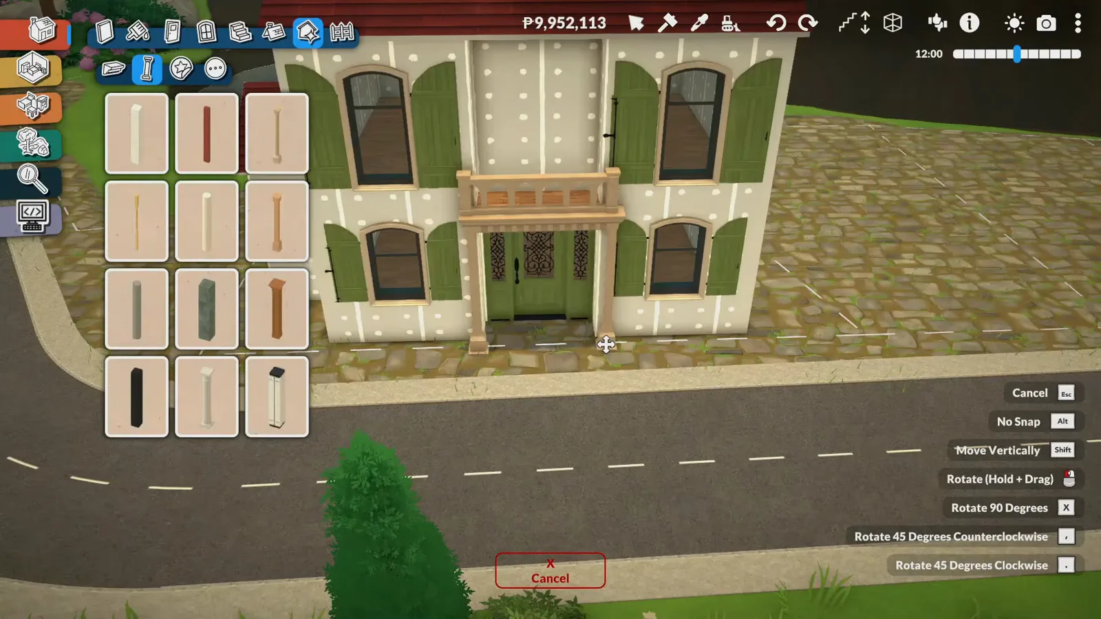 Stone town hall facade with green shutters on every window in a Paralives Mediterranean town build