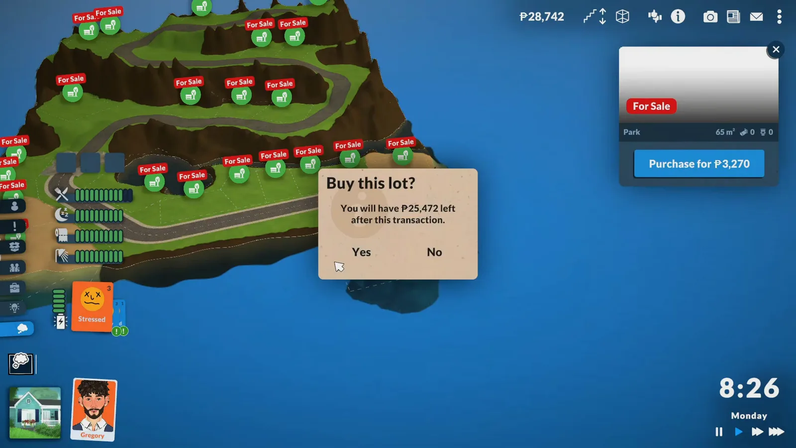Paralives live mode with a Buy this lot confirmation dialog over an island of For Sale park lots