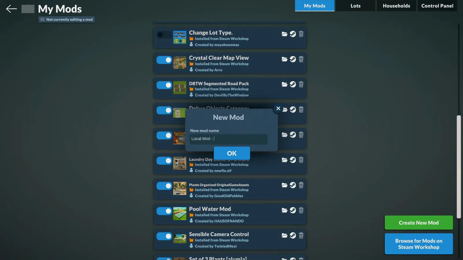 Paralives My Mods screen with the New Mod dialog naming a local mod for lot types