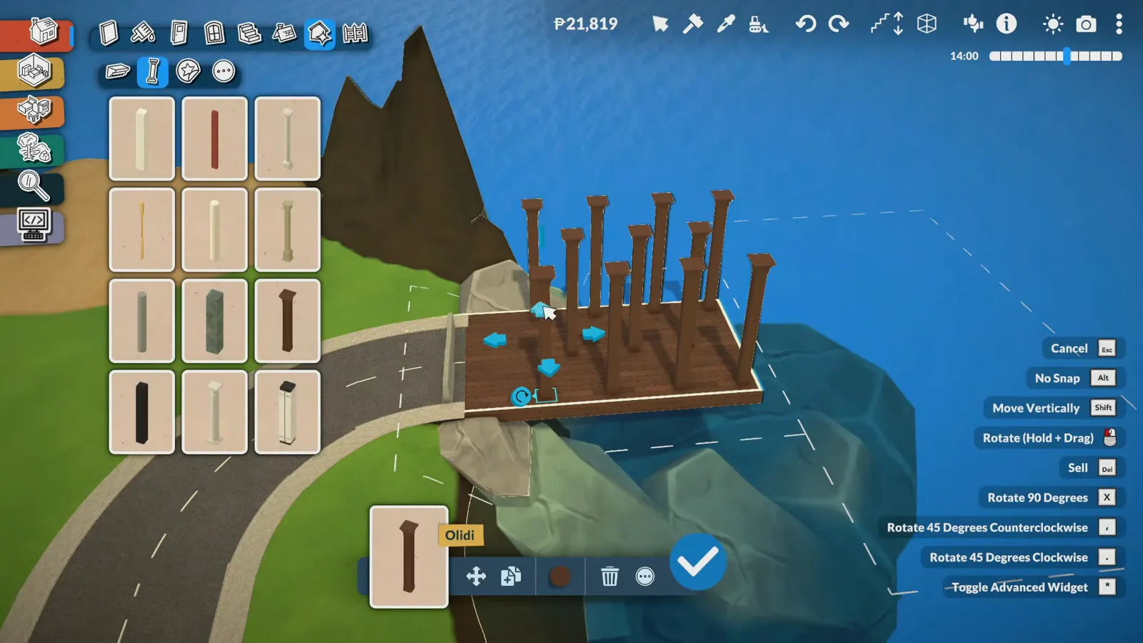 Paralives pier built from wooden pillars on coastal rocks beside the open sea in a custom world