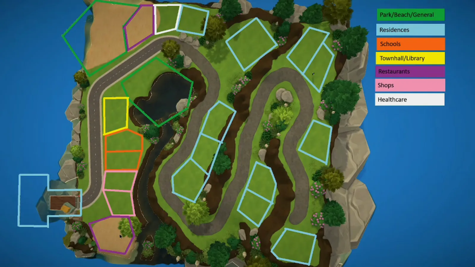 Paralives town planning map with a color legend dividing the island into residential, business, medical and beach districts