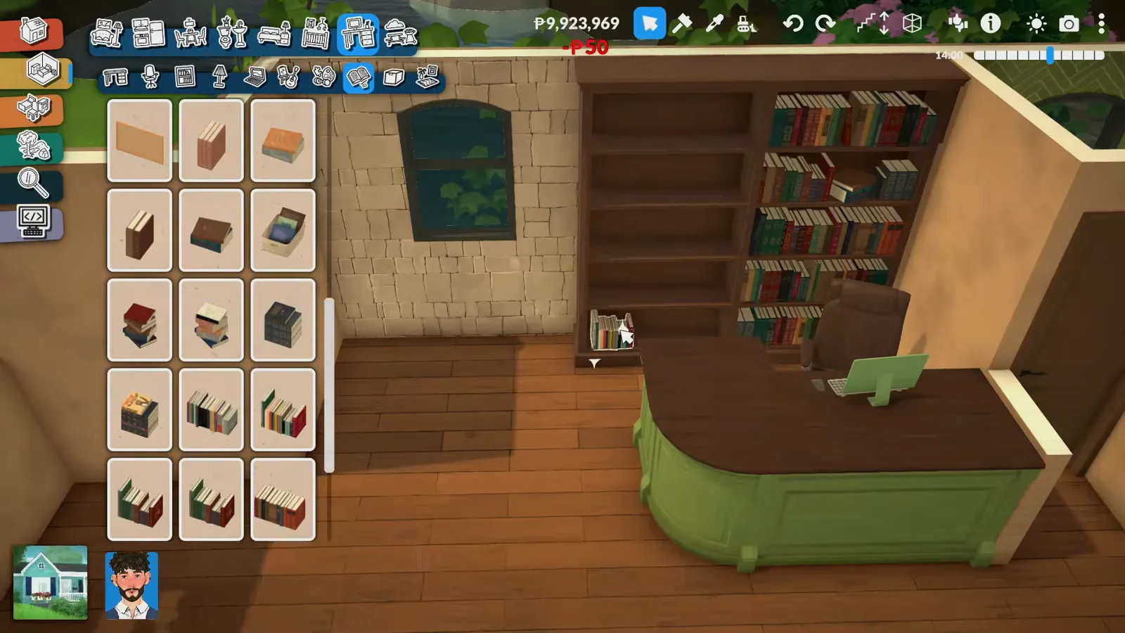 Paralives town hall interior with a green reception desk and full-height bookshelves on the ground floor