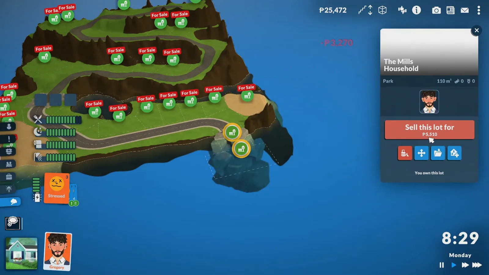Paralives lot panel with a red Sell this lot button after buying a park lot in live mode
