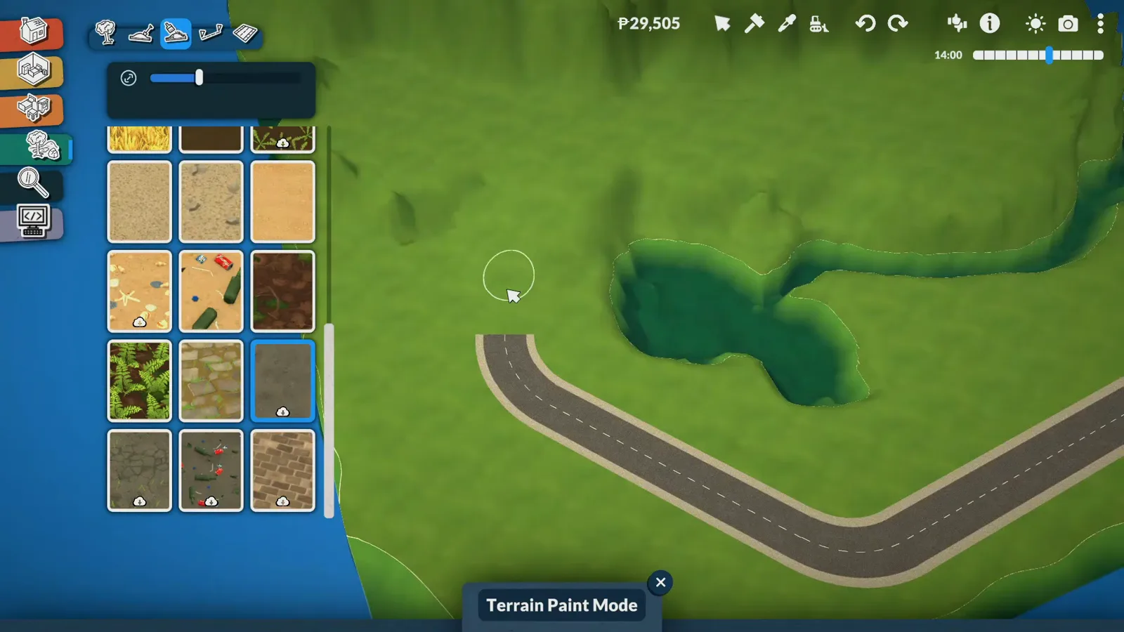 Terrain Paint Mode carving a winding mountain road into a Paralives hillside above the sea