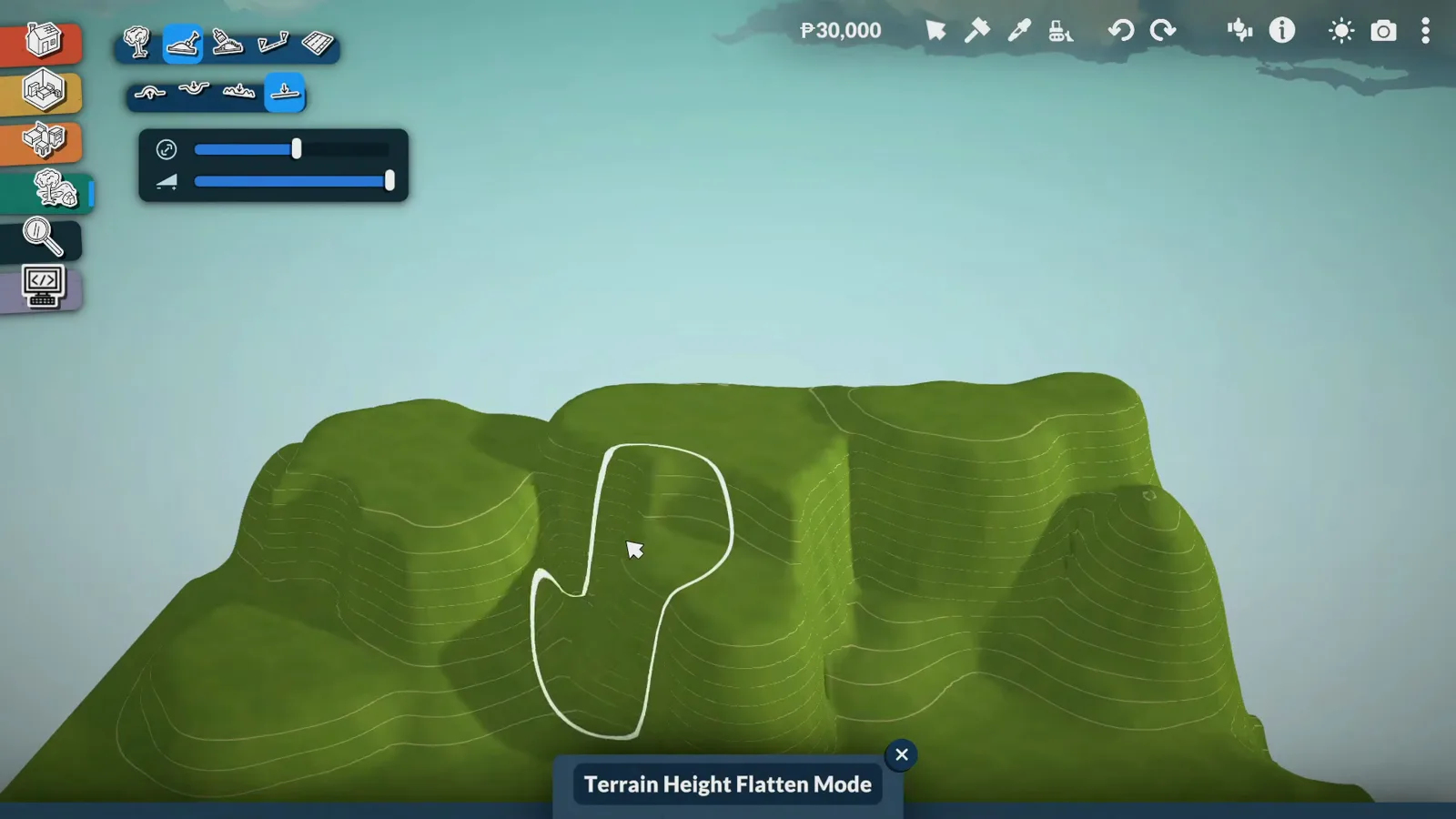 Paralives Terrain Height Flatten Mode carving hollows into a bare green island before any building starts