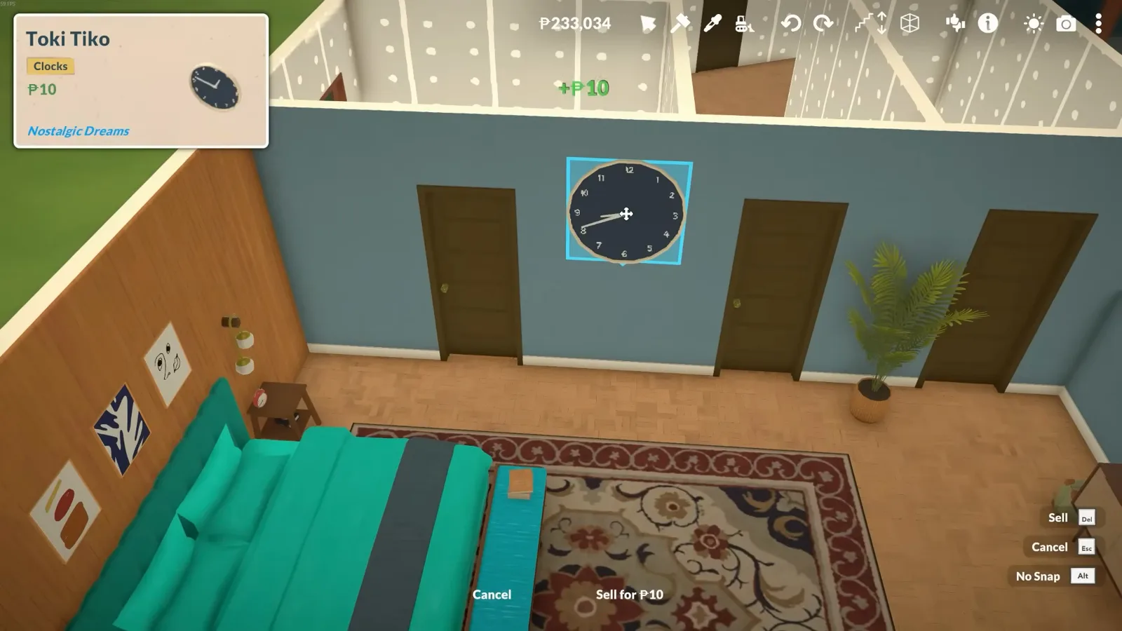 A Paralives master bedroom pairs a teal bed with a dark runner, blue-grey walls, a round wall clock, framed posters and an ornate rug. A Paralives master bedroom pairs a teal bed with a dark runner, blue-grey walls, a round wall clock, framed posters and an ornate rug.