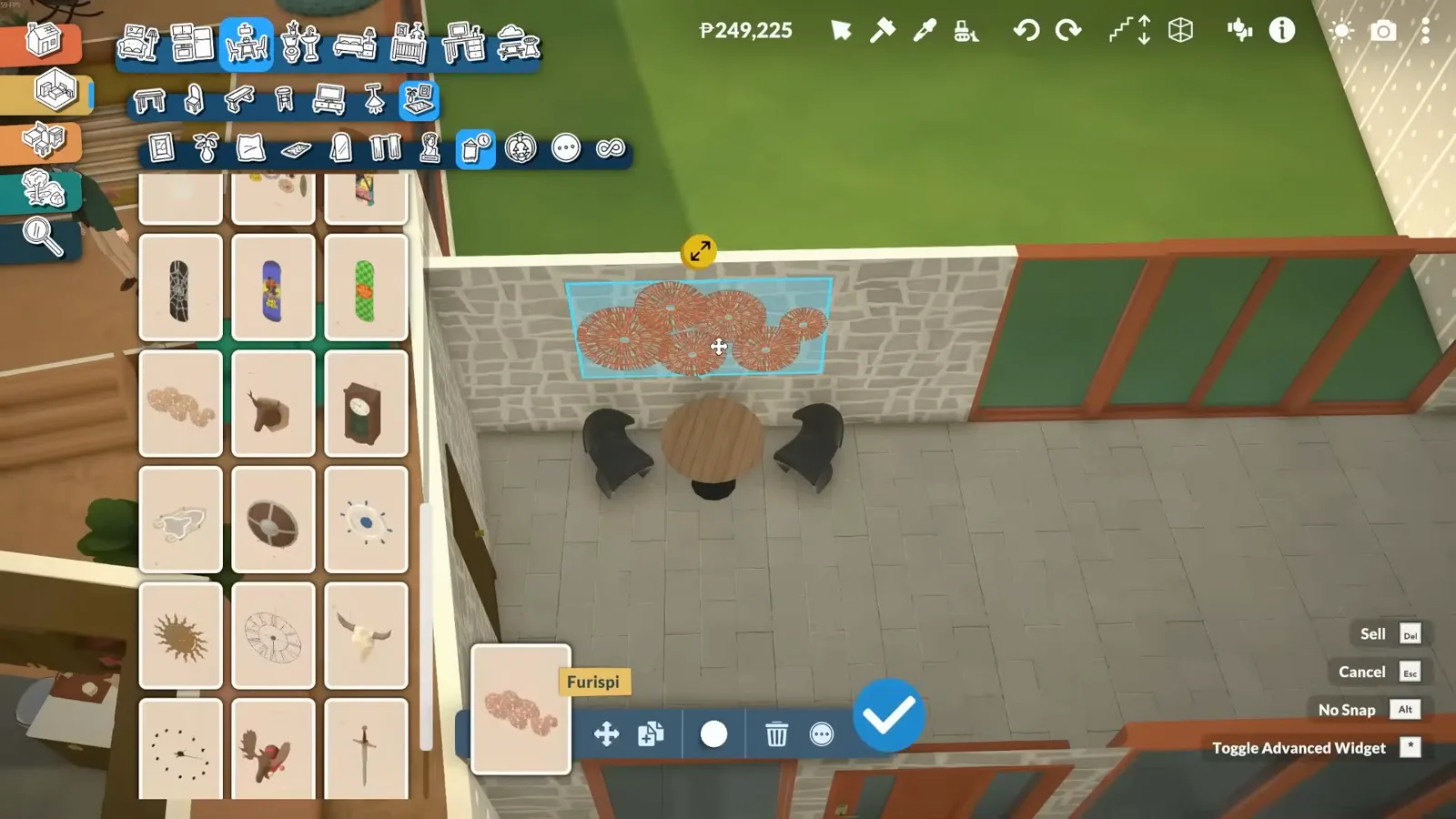 In Paralives, a round table and black chairs furnish the stone-walled side entrance patio while a coral wall-art print is placed mid-air. In Paralives, a round table and black chairs furnish the stone-walled side entrance patio while a coral wall-art print is placed mid-air.